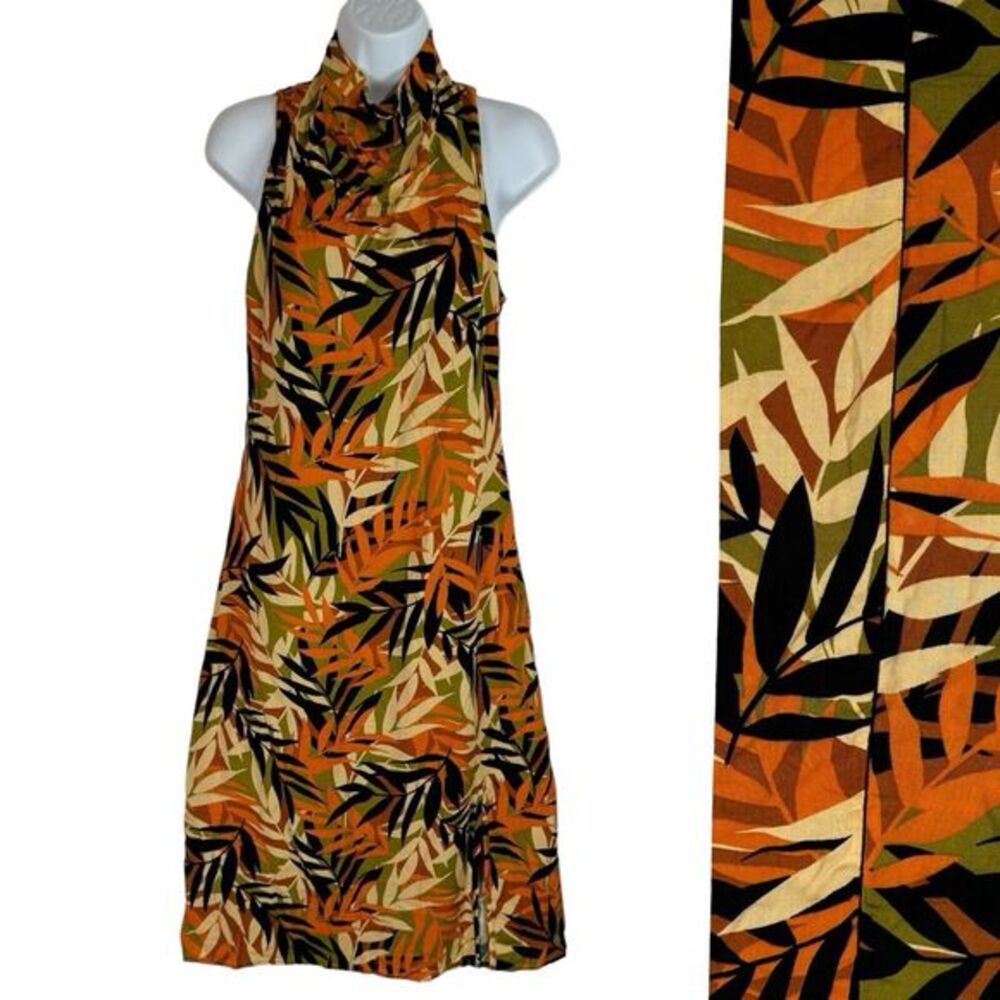 Toxic3 Botanical Mock Neck Dress Size S Orange Black Tropical Cowl Sleeveless